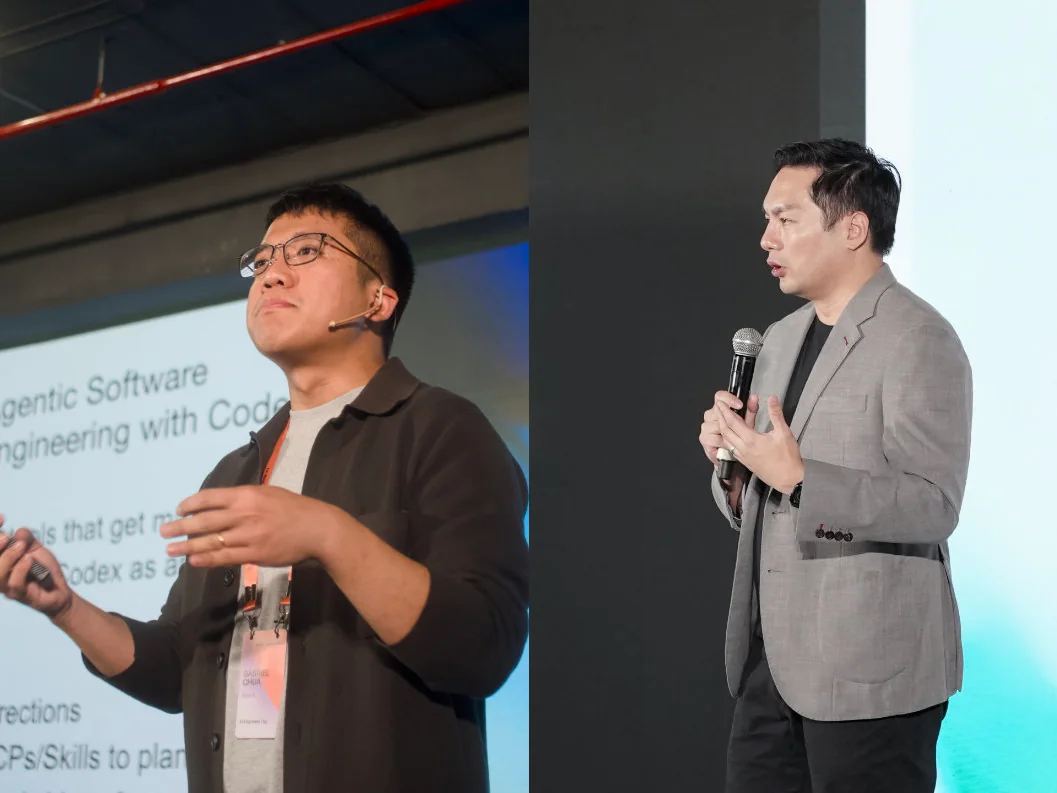 OpenAI’s Gabriel Chua and Thomas Jeng speaking on stage at AI Engineers Day at Polaris